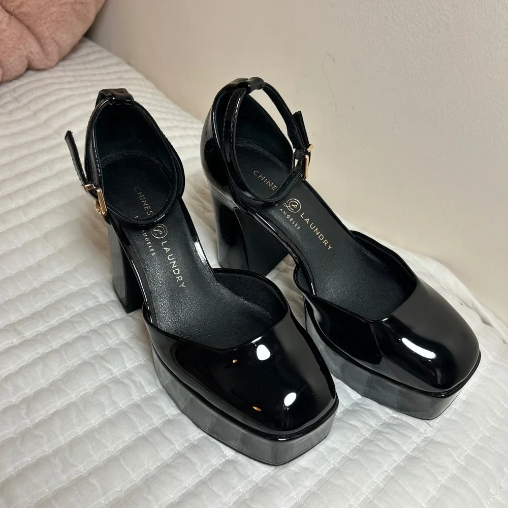 Chinese Laundry Black Patent Platform Pumps Square Toe Block Heel Womens 7